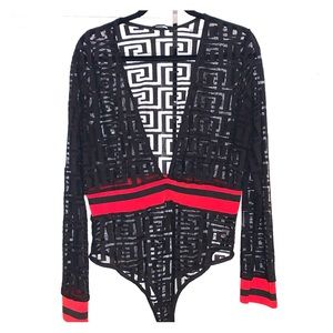 BLACK/ RED GEOMETRIC MESH BODYSUIT FASHION NOVA 1X